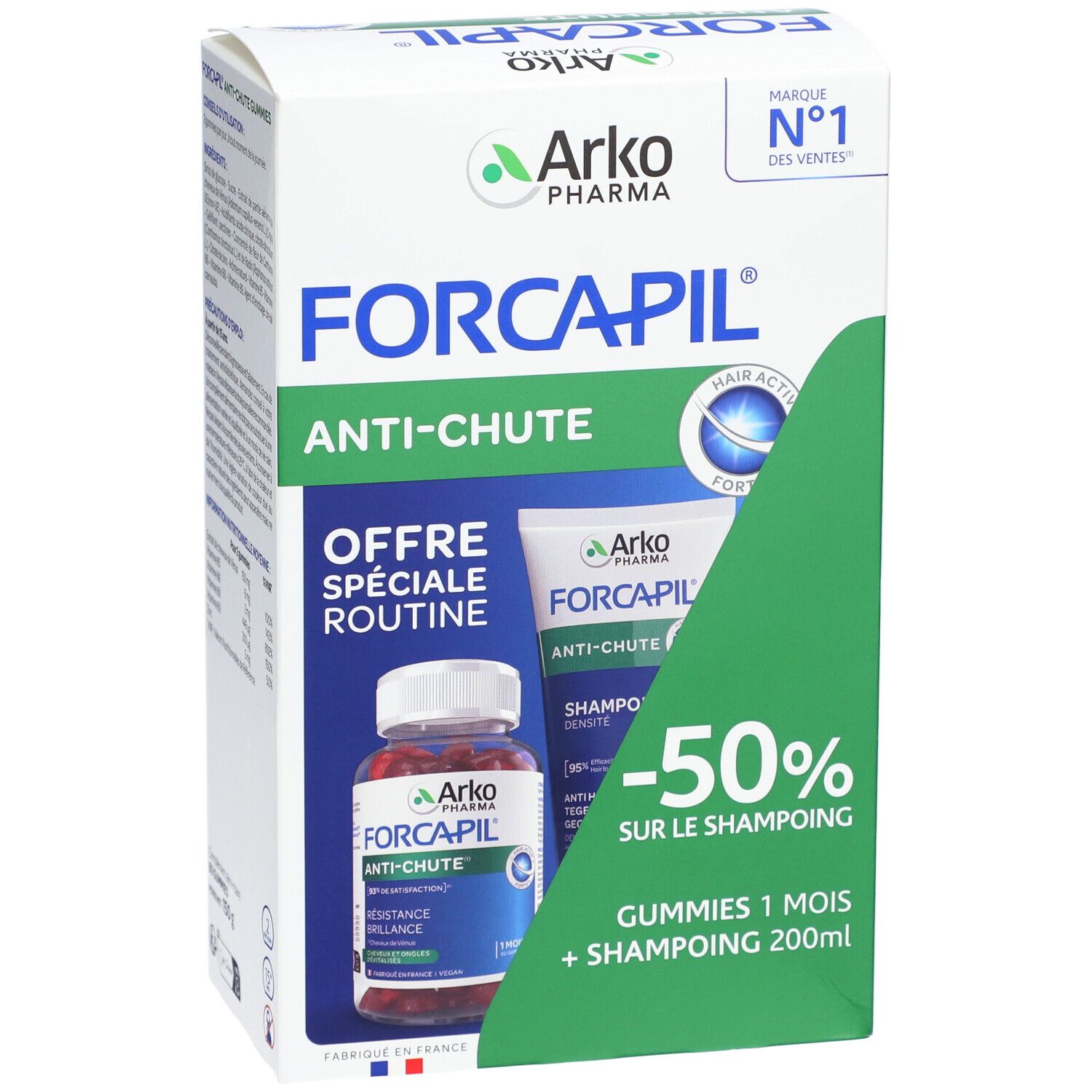 Boîte Forcapil Anti-Chute. Contient gummies et shampooing. Marque Arko Pharma. Inscription : Anti-chute.