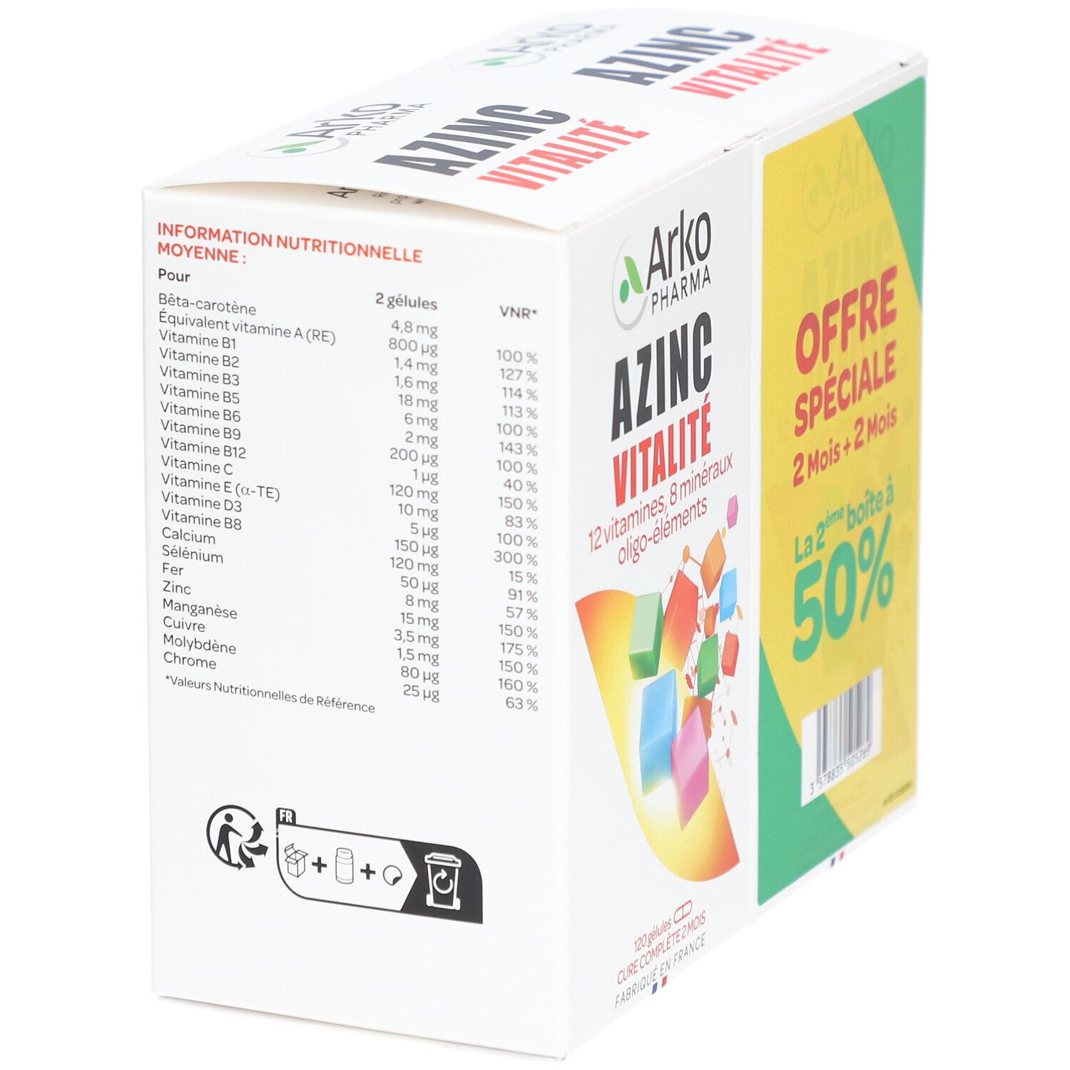 Boîte AZINC Vitalité avec informations nutritionnelles. Contient 2 gélules. Vitamines et minéraux listés. Code QR et symbole de recyclage.