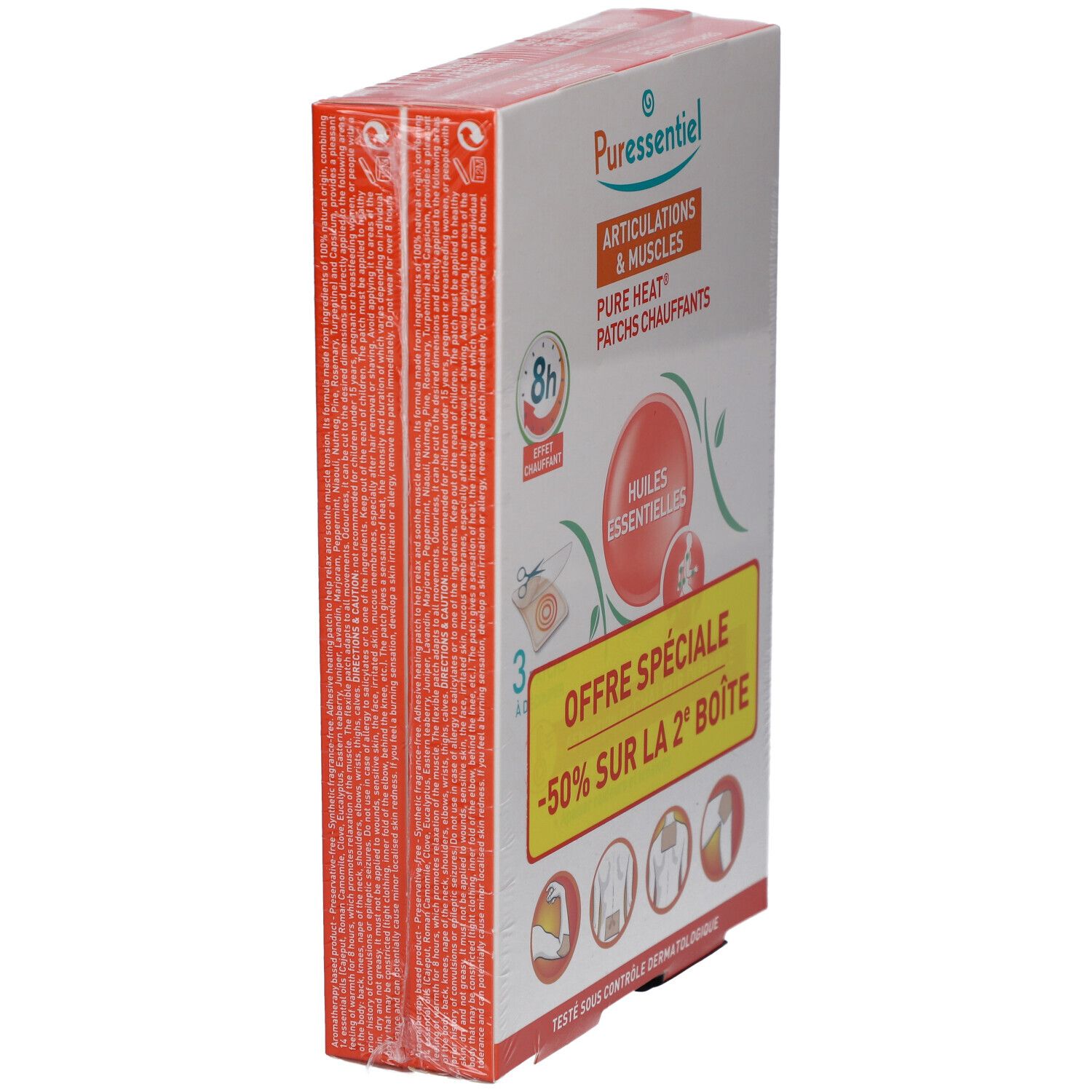 Boîte de PURESSENTIEL ARTICULAT PATCH3X2OFF. Inscriptions: ARTICULATIONS & MUSCLES, Pure Heat Patches chauffants, 8h, Huiles essentielles, Offre spéciale -50% sur la 2e boîte.
