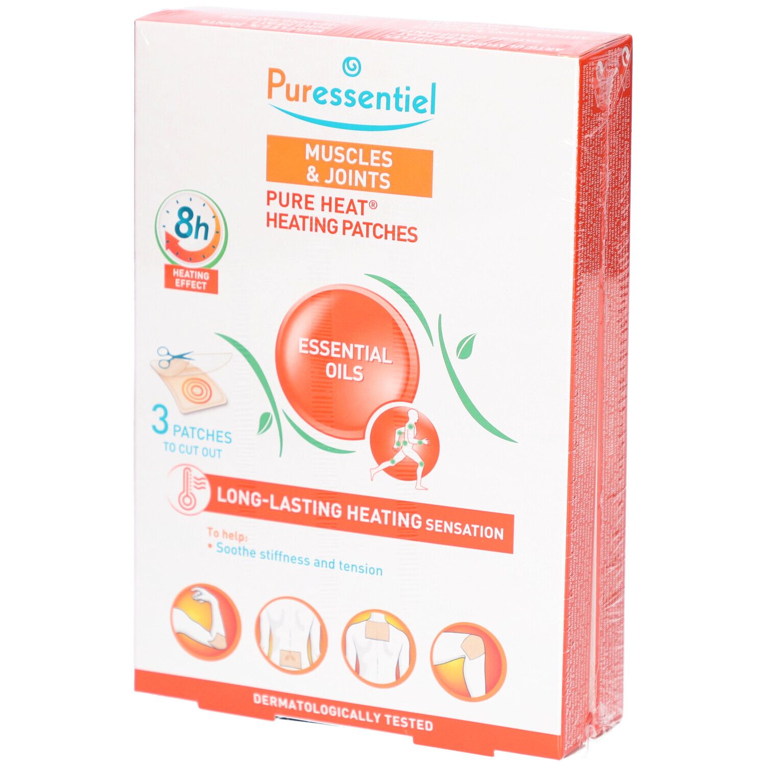 Boîte de PURESSENTIEL ARTICULAT PATCH3X2OFF. Inscriptions: MUSCLES & JOINTS, Pure Heat Heating Patches, 8h, Essential Oils, 3 Patches to cut out, Dermatologically tested.
