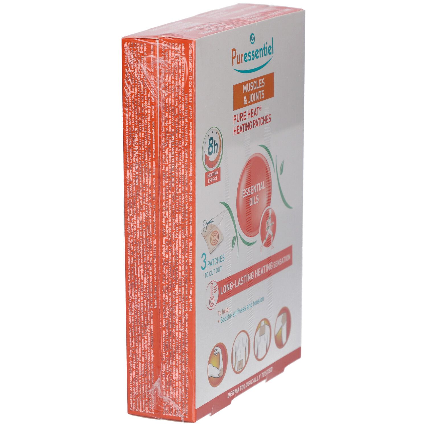 Boîte de PURESSENTIEL ARTICULAT PATCH3X2OFF. Inscriptions: MUSCLES & JOINTS, Pure Heat Heating Patches, 8h, Essential Oils, 3 Patches to cut out, Dermatologically tested.
