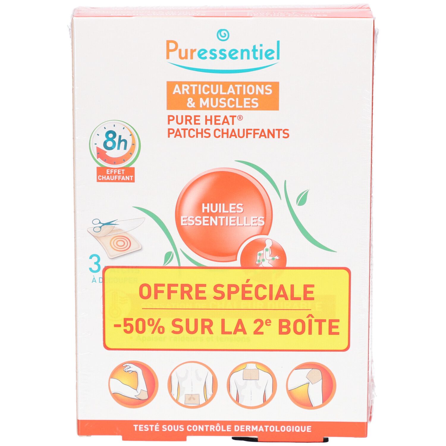 Boîte de PURESSENTIEL ARTICULAT PATCH3X2OFF. Inscriptions: ARTICULATIONS & MUSCLES, Pure Heat Patches chauffants, 8h, Huiles essentielles, Offre spéciale -50% sur la 2e boîte.