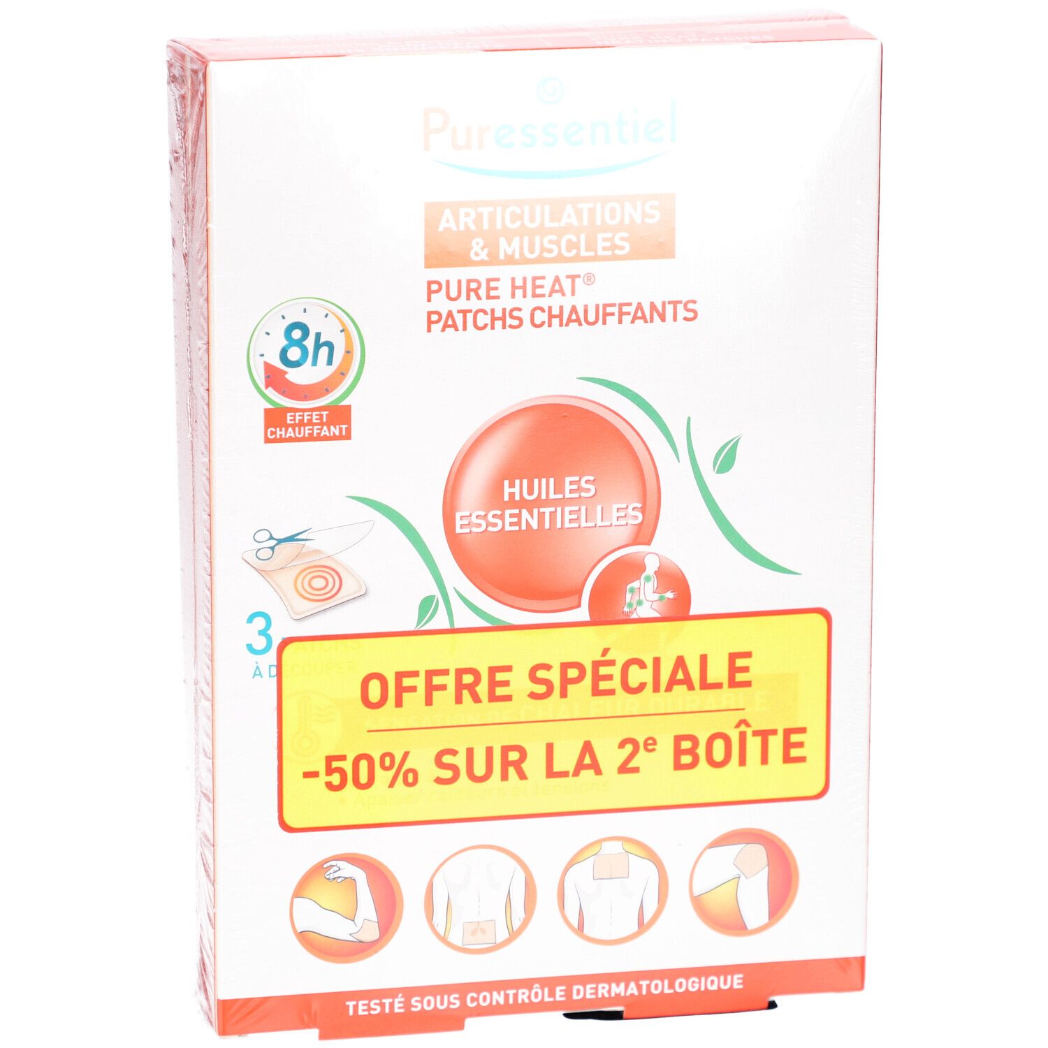 Boîte de PURESSENTIEL ARTICULAT PATCH3X2OFF. Inscriptions: ARTICULATIONS & MUSCLES, Pure Heat Patches chauffants, 8h, Huiles essentielles, Offre spéciale -50% sur la 2e boîte.