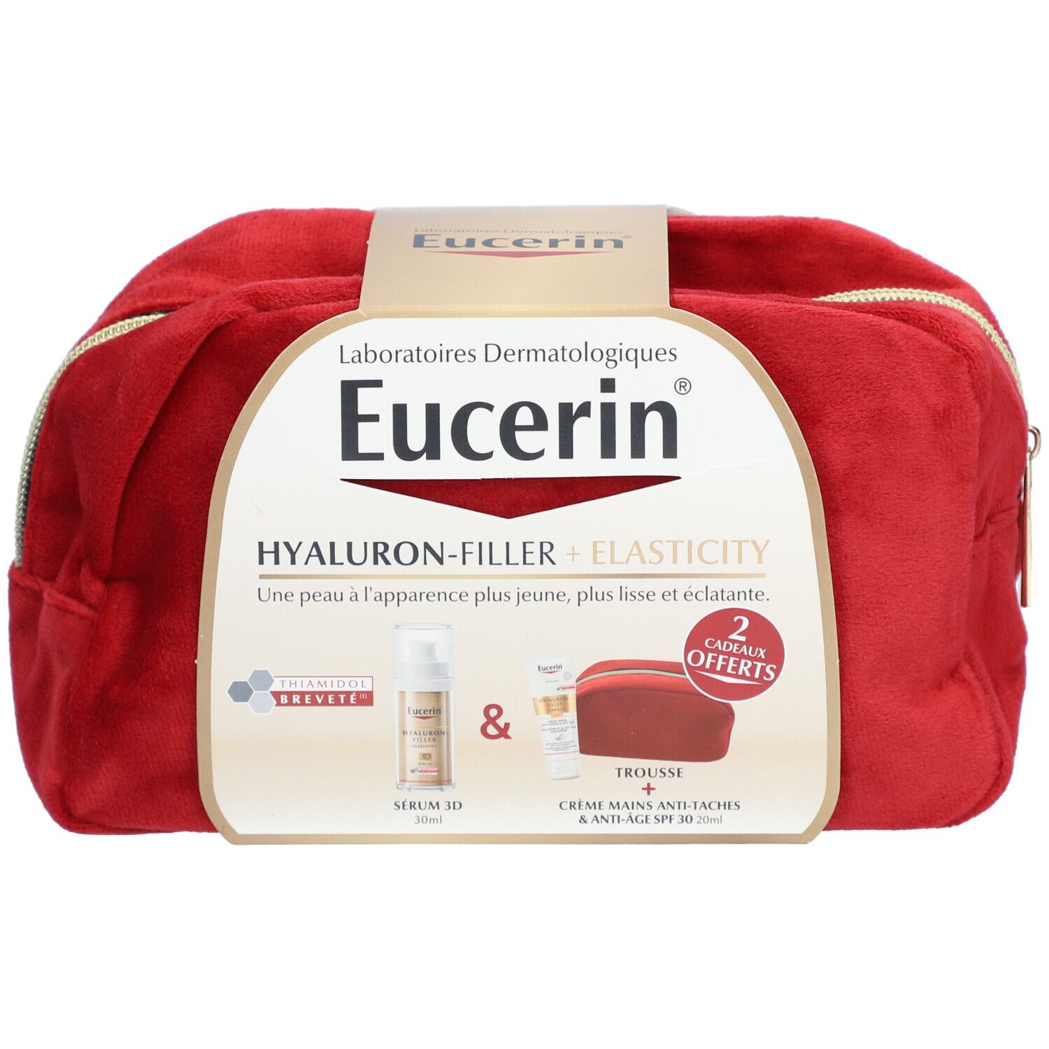 Trousse rouge Eucerin avec logo et informations produit. Contient Sérum 3D et crème mains SPF30.