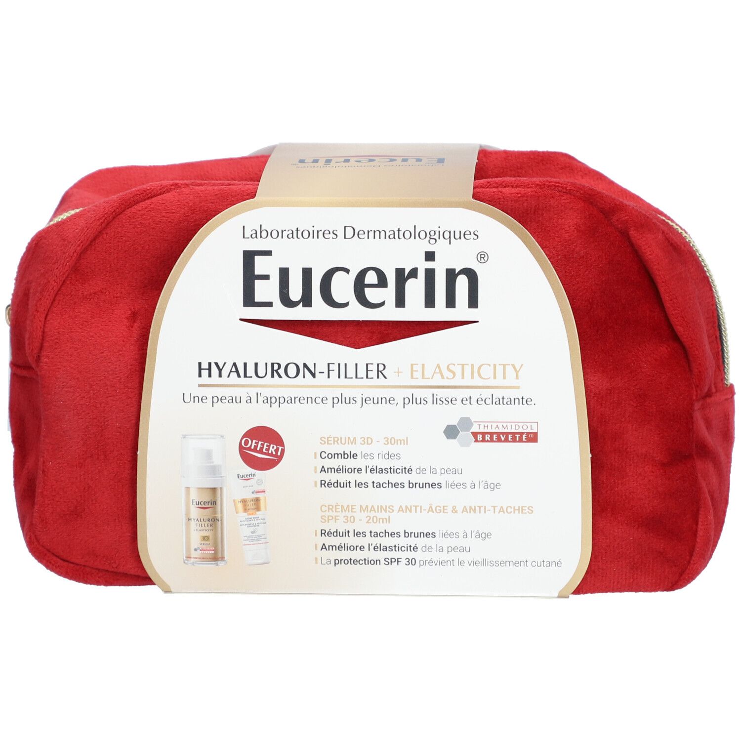 Trousse rouge Eucerin avec logo et informations produit. Contient Sérum 3D et crème mains SPF30.