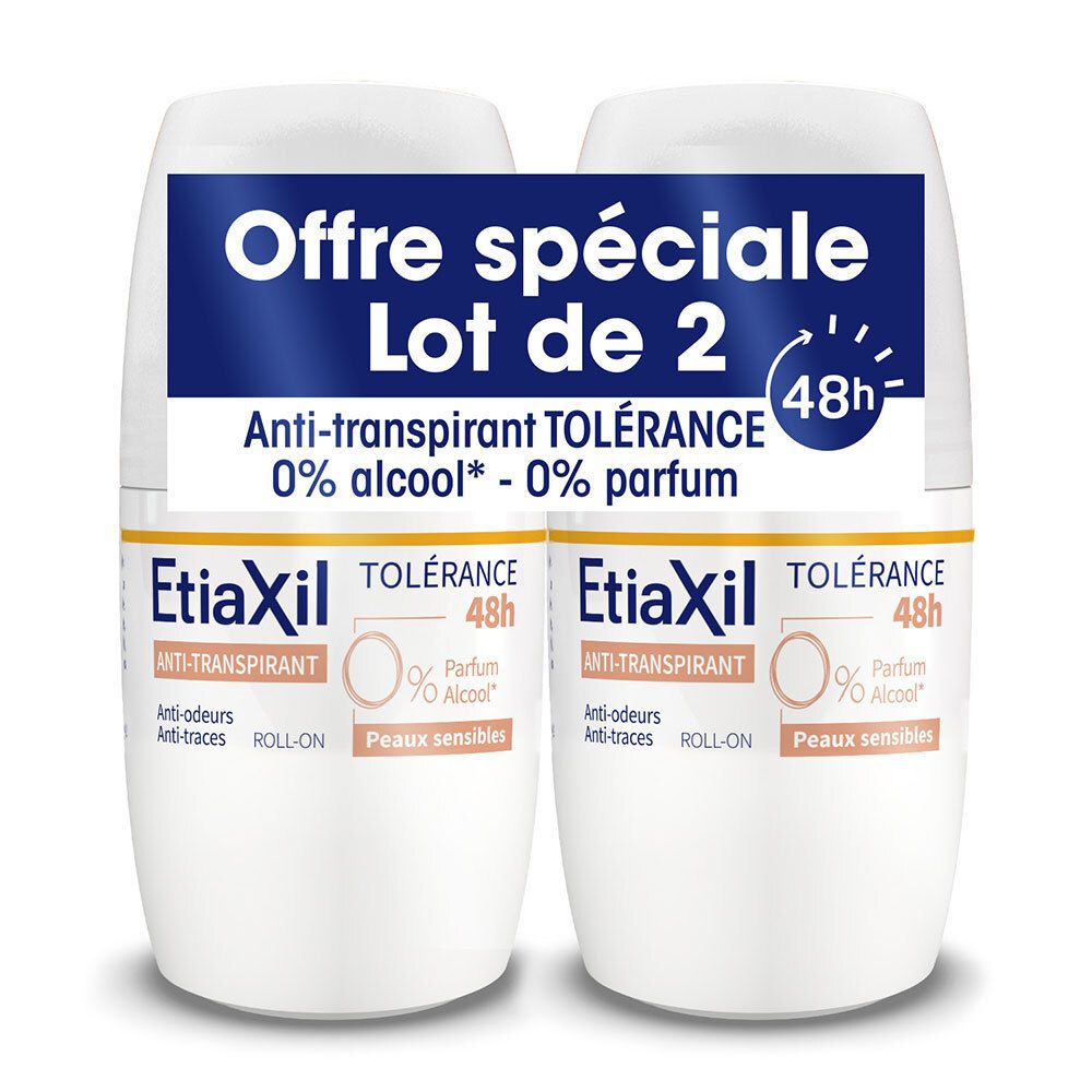 Deux roll-ons blancs. Texte bleu : « Offre spéciale Lot de 2 ». Texte : Anti-transpirant Tolérance 48h, 0% alcool, 0% parfum.