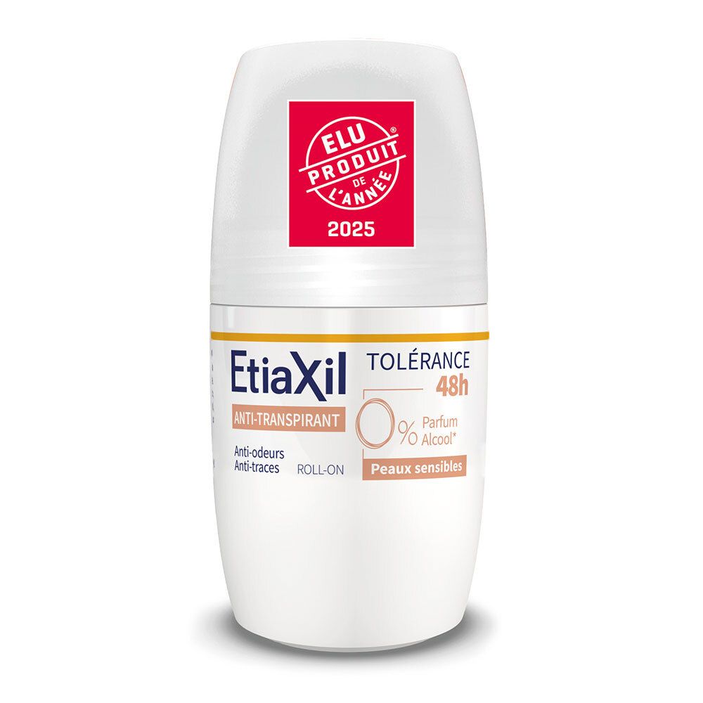 Roll-on blanc avec autocollant rouge « Elu Produit de l'année 2025 ». Bande orange avec texte : Etiaxil, Tolérance 48h, 0% Parfum Alcool.