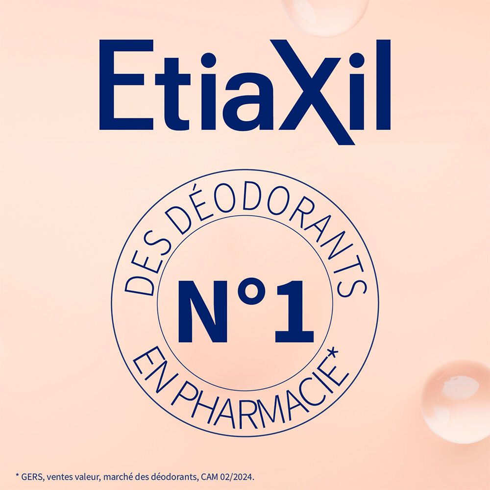 Texte bleu : Etiaxil. Cercle avec texte : Des Déodorants N°1 en Pharmacie*. Fond rose avec gouttes.