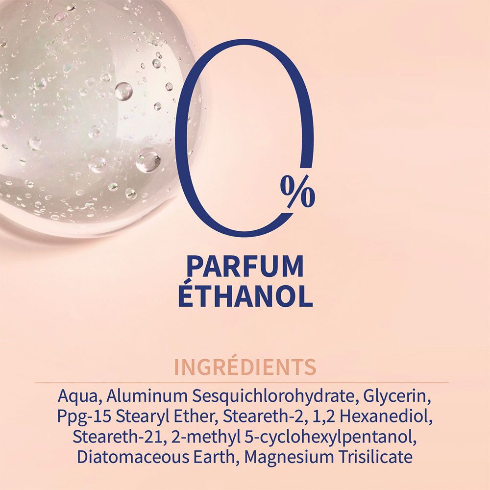 Fond rose. Écriture bleue : Parfum Éthanol. Ingrédients listés : Aqua, Aluminum Sesquichlorohydrate, etc. Gouttes.