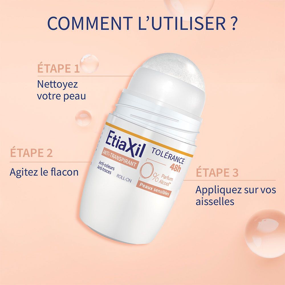 Instructions : Comment l'utiliser ? Étape 1 : Nettoyez votre peau. Étape 2 : Agitez le flacon. Étape 3 : Appliquez sur vos aisselles.