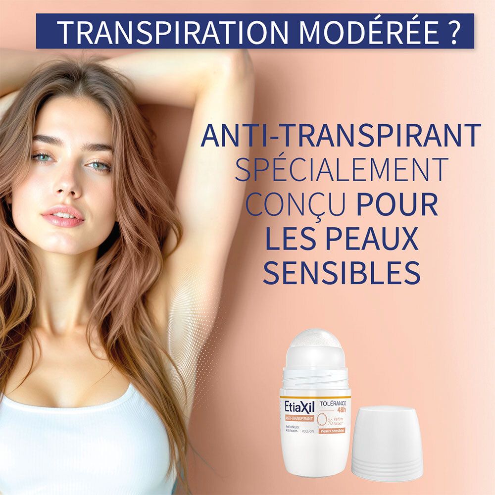 Femme avec les bras levés. Texte : Anti-transpirant spécialement conçu pour les peaux sensibles. Roll-on avec capuchon ouvert.