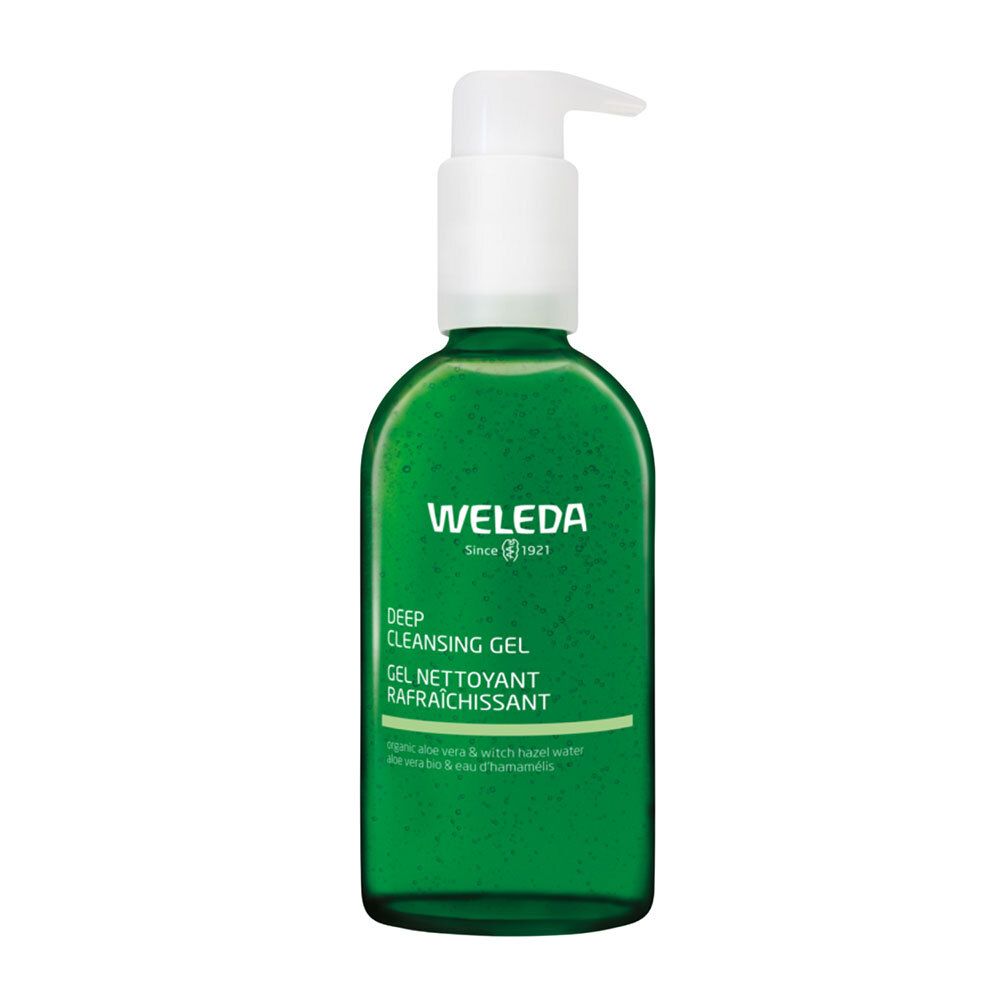 Flacon vert avec pompe blanche. Nom et logo du produit. Texte : Deep Cleansing Gel, Gel nettoyant rafraîchissant. Aloe vera & witch hazel water.