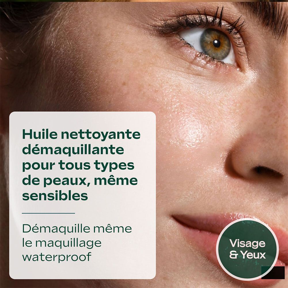 Texte: Huile nettoyante pour tous types de peau, même sensibles. Enlève le maquillage waterproof. Visage d'une femme.