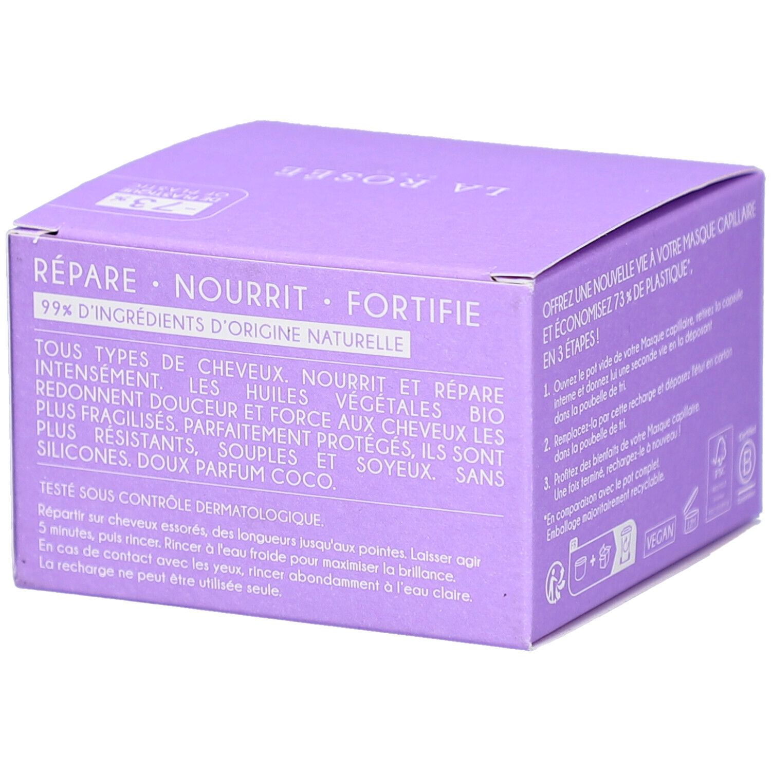 Boîte lilas. Inscription: LA ROSÉE PARIS. Avantages du produit: répare, nourrit, fortifie. Pour tous types de cheveux. Testé dermatologiquement.