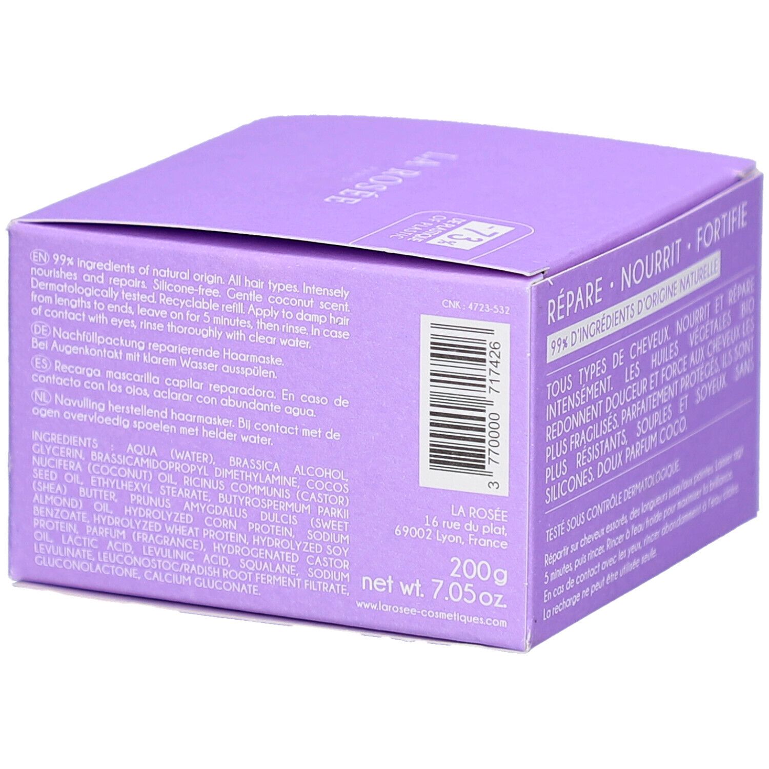 Boîte lilas. Inscription: LA ROSÉE PARIS. Ingrédients et instructions d'utilisation. 200g. Fabriqué en France. Code-barres.