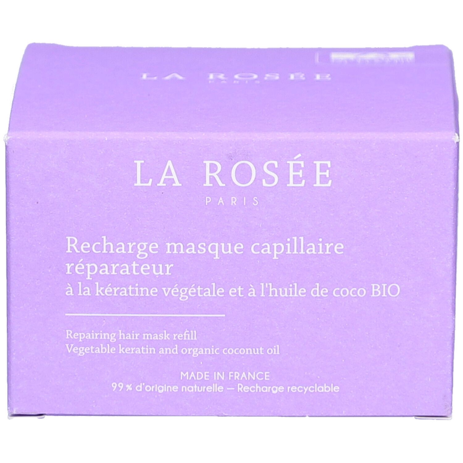 Boîte lilas. Inscription: LA ROSÉE PARIS. Nom du produit et ingrédients. Fabriqué en France. Recharge.