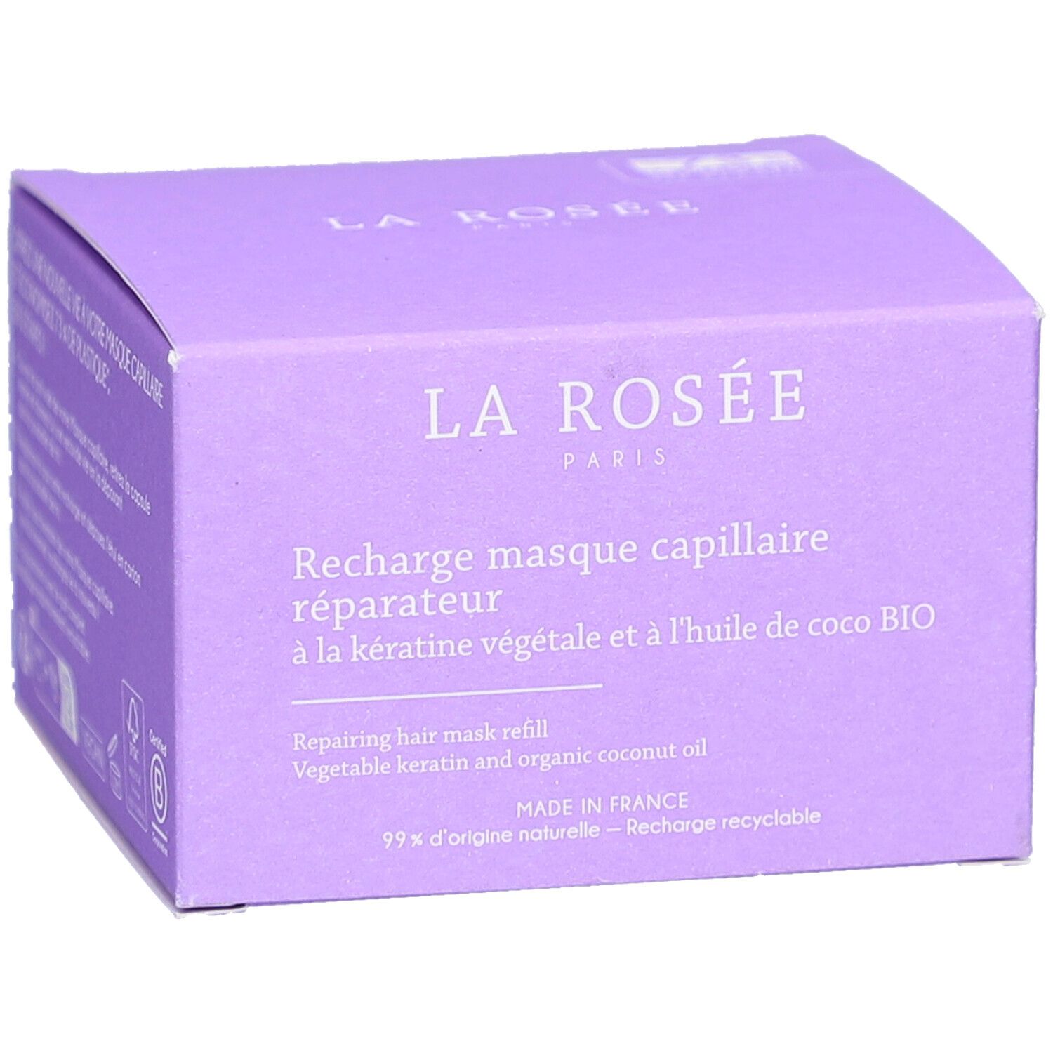 Boîte lilas. Inscription: LA ROSÉE PARIS. Nom du produit et ingrédients. Fabriqué en France. Recharge.