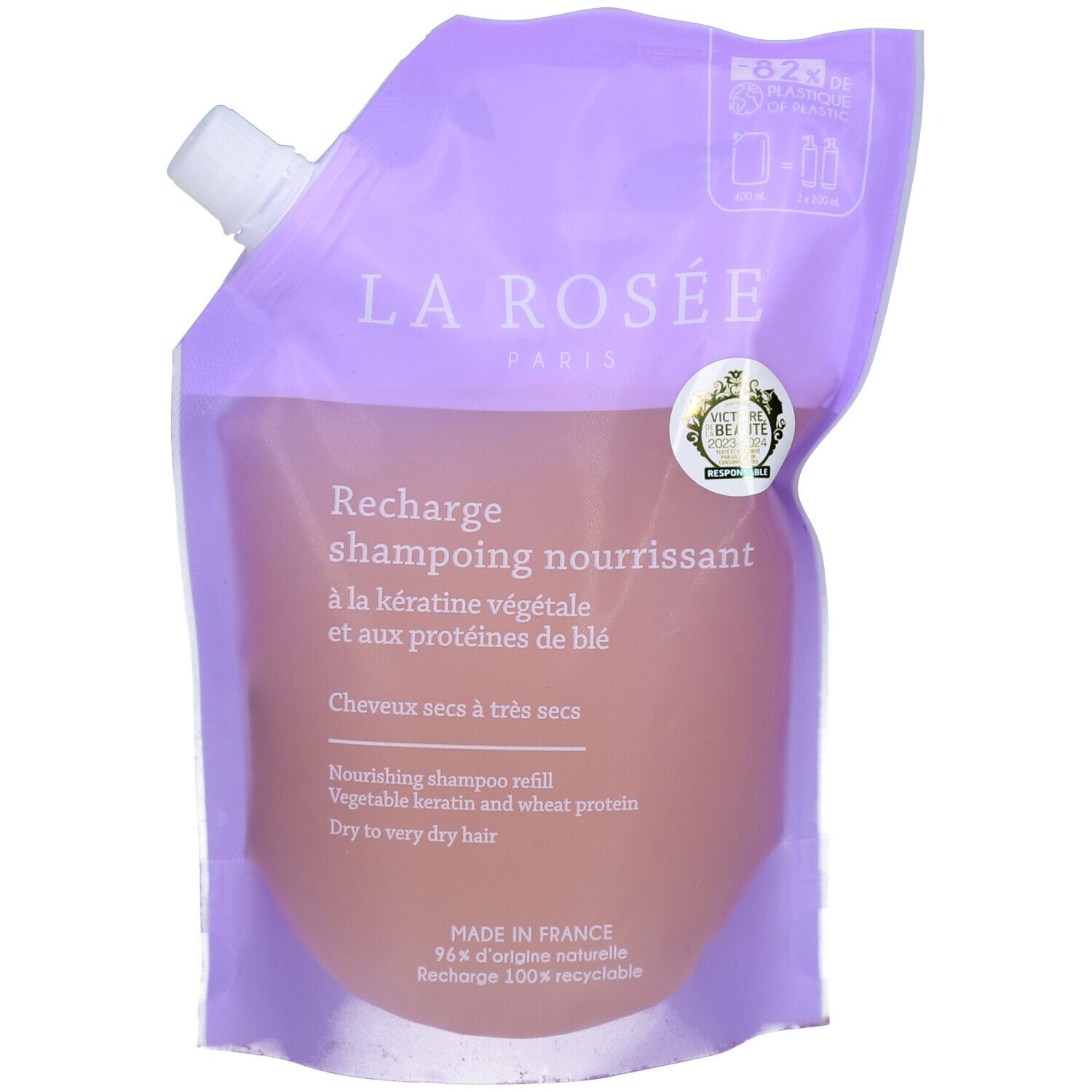 Recharge de shampoing nourrissant. Sachet violet avec bouchon blanc. Texte: "LA ROSÉE", "Recharge shampoing nourrissant".