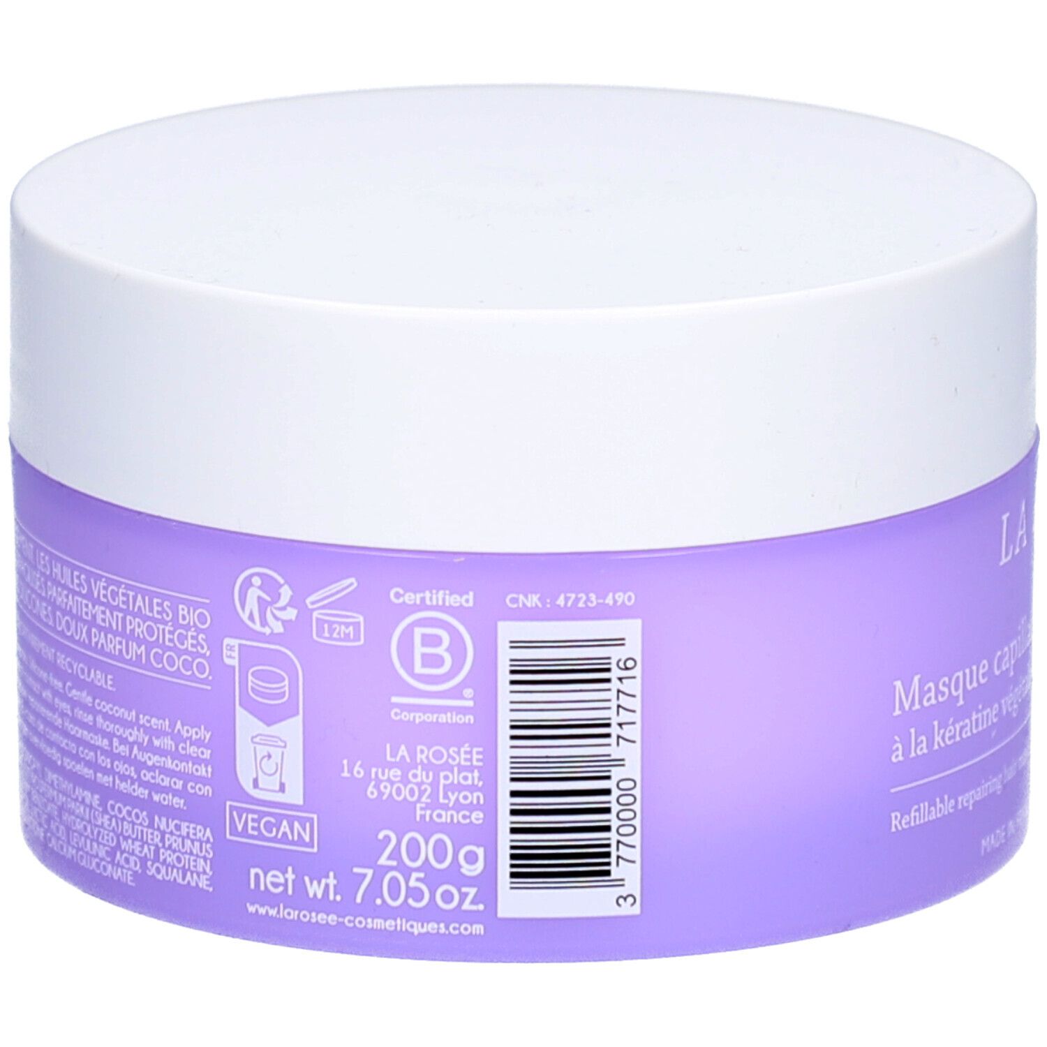 Pot rond, dos. Couvercle blanc, étiquette violette. Texte: La Rosée, 200g, Vegan, code-barres, certification B Corp.