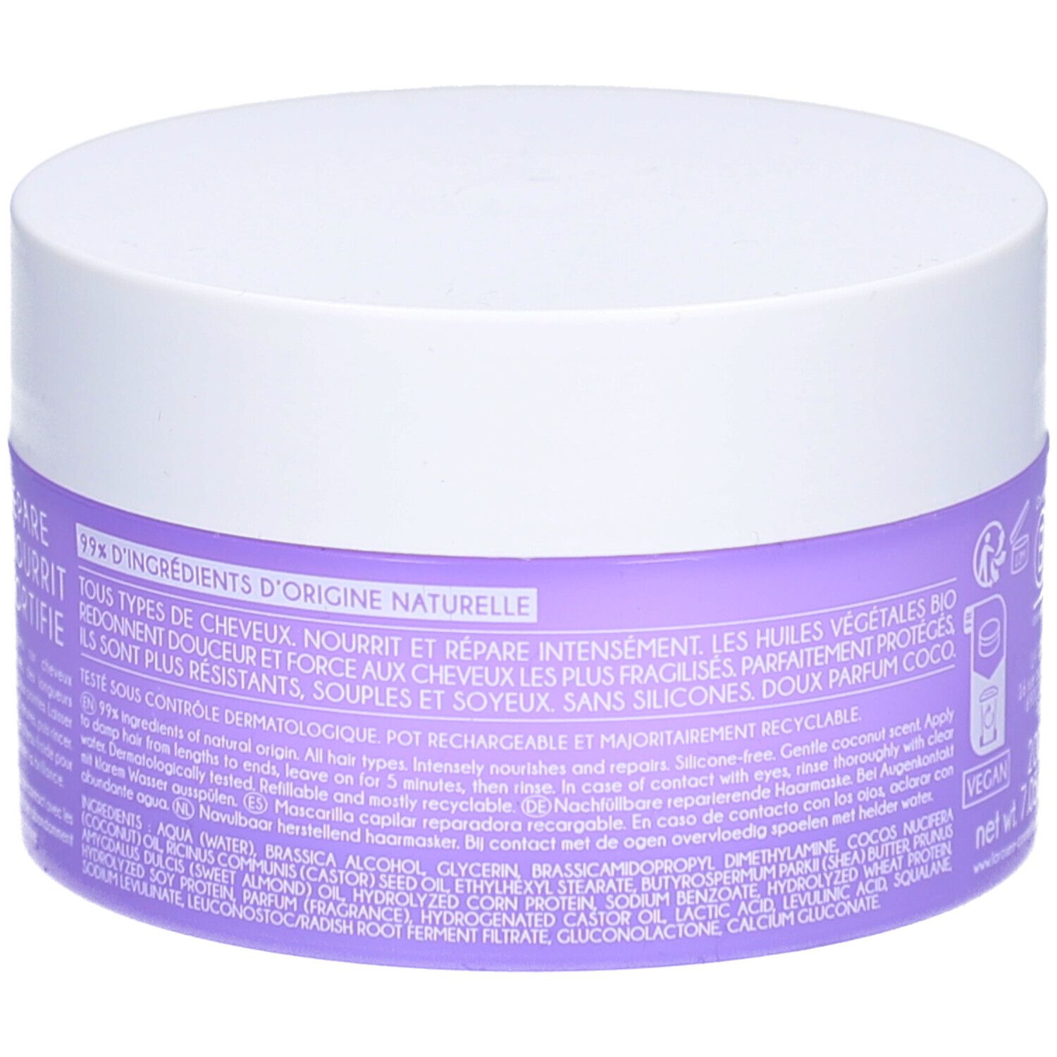 Pot rond, dos. Couvercle blanc, étiquette violette. Texte: 99% d'ingrédients d'origine naturelle, Vegan.