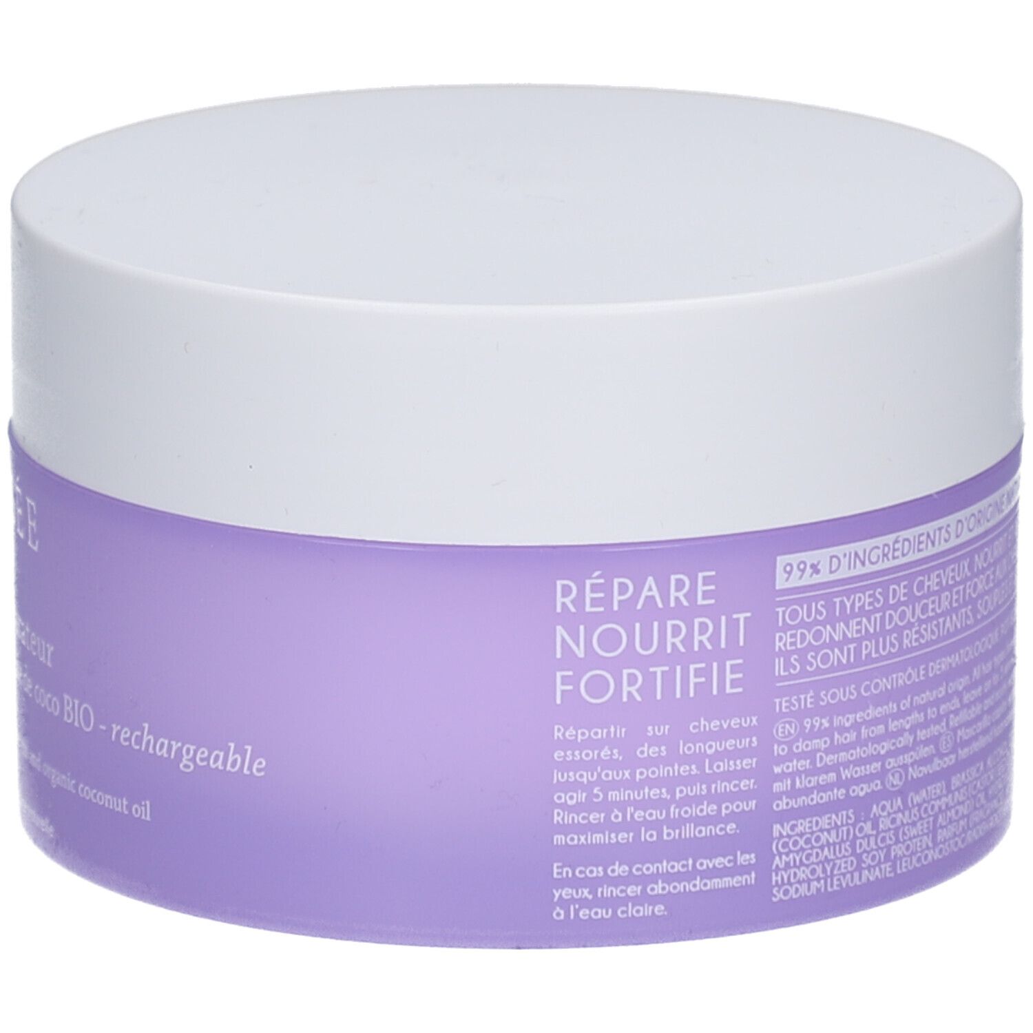 Pot rond, dos. Couvercle blanc, étiquette violette. Texte: Répare, Nourrit, Fortifie. 99% d'ingrédients d'origine naturelle.