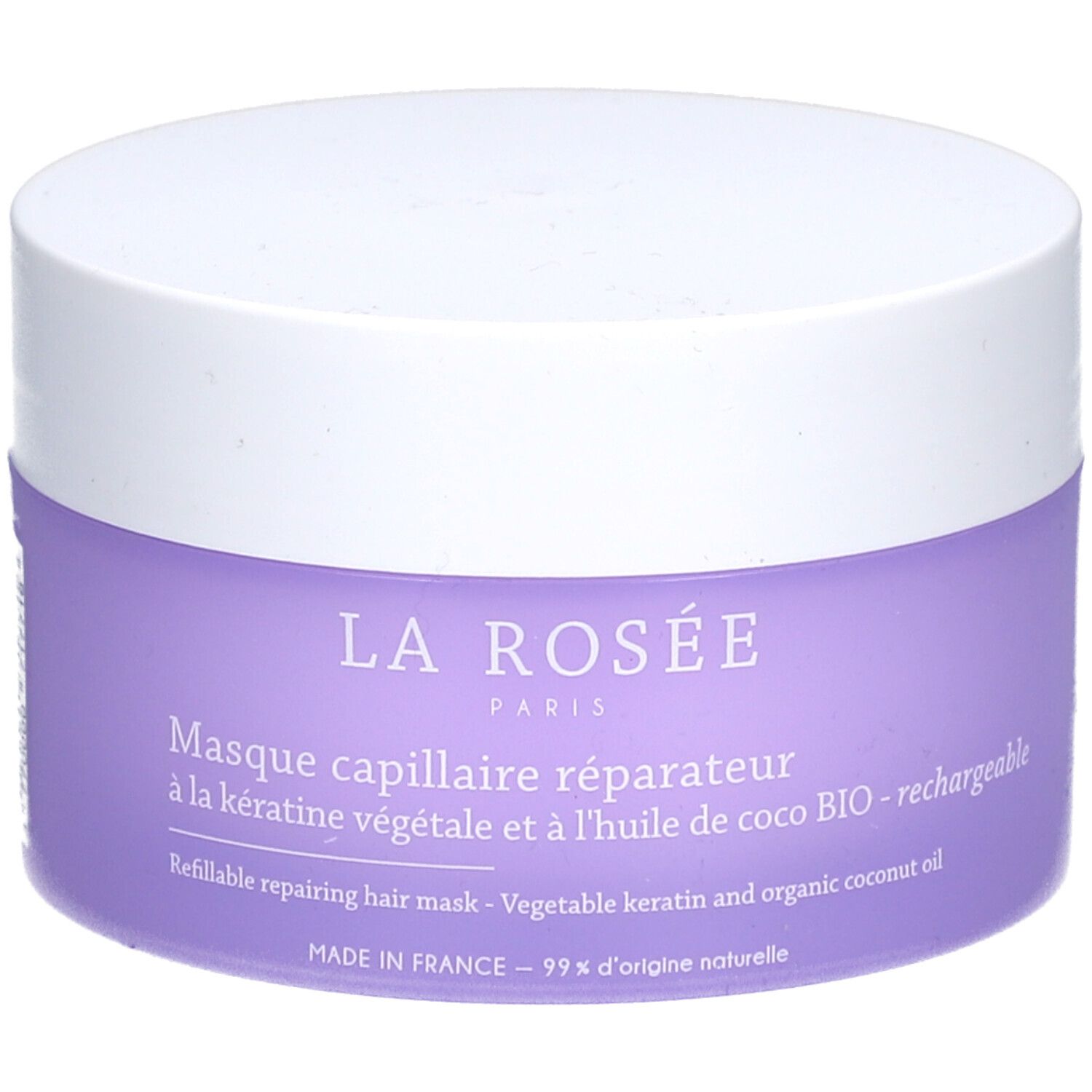 Pot rond avec couvercle blanc et étiquette violette. Texte: La Rosée Paris, Masque capillaire réparateur, à la kératine végétale.