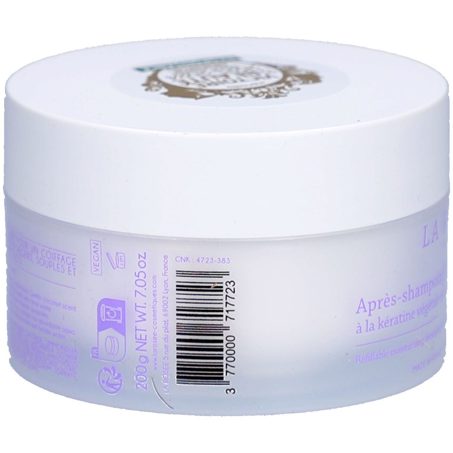 Pot blanc avec couvercle. Inscription : La Rosée Paris. Dos avec informations, code-barres et logo Vegan. 200g net.