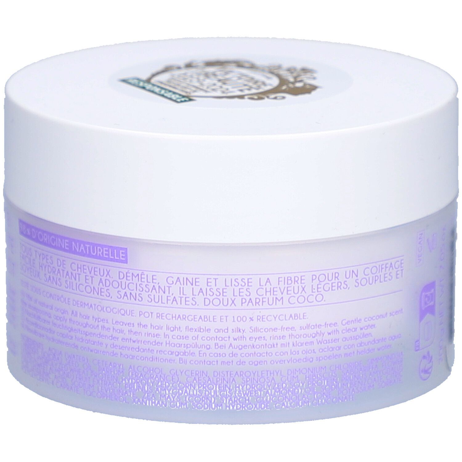 Pot blanc avec couvercle. Dos avec texte : Pour tous types de cheveux, sans sulfates, doux parfum coco. 100% recyclable.