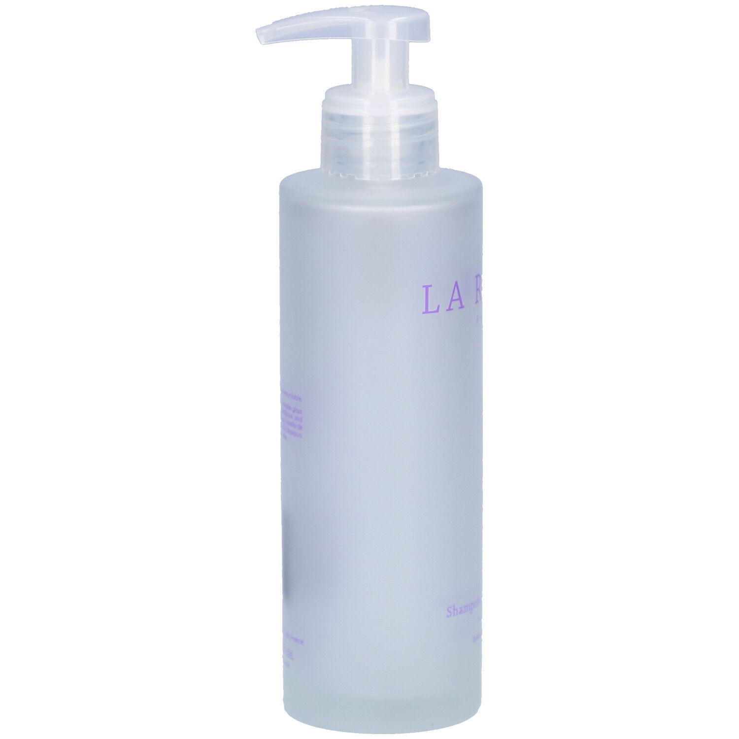 Flacon de shampoing avec pompe. Inscription: LA ROSÉE. Texte: Shampoing rechargeable.