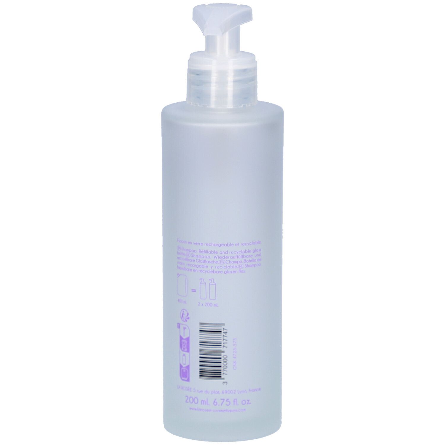 Flacon de shampoing avec pompe. Inscription: LA ROSÉE. Texte et code-barres au dos.