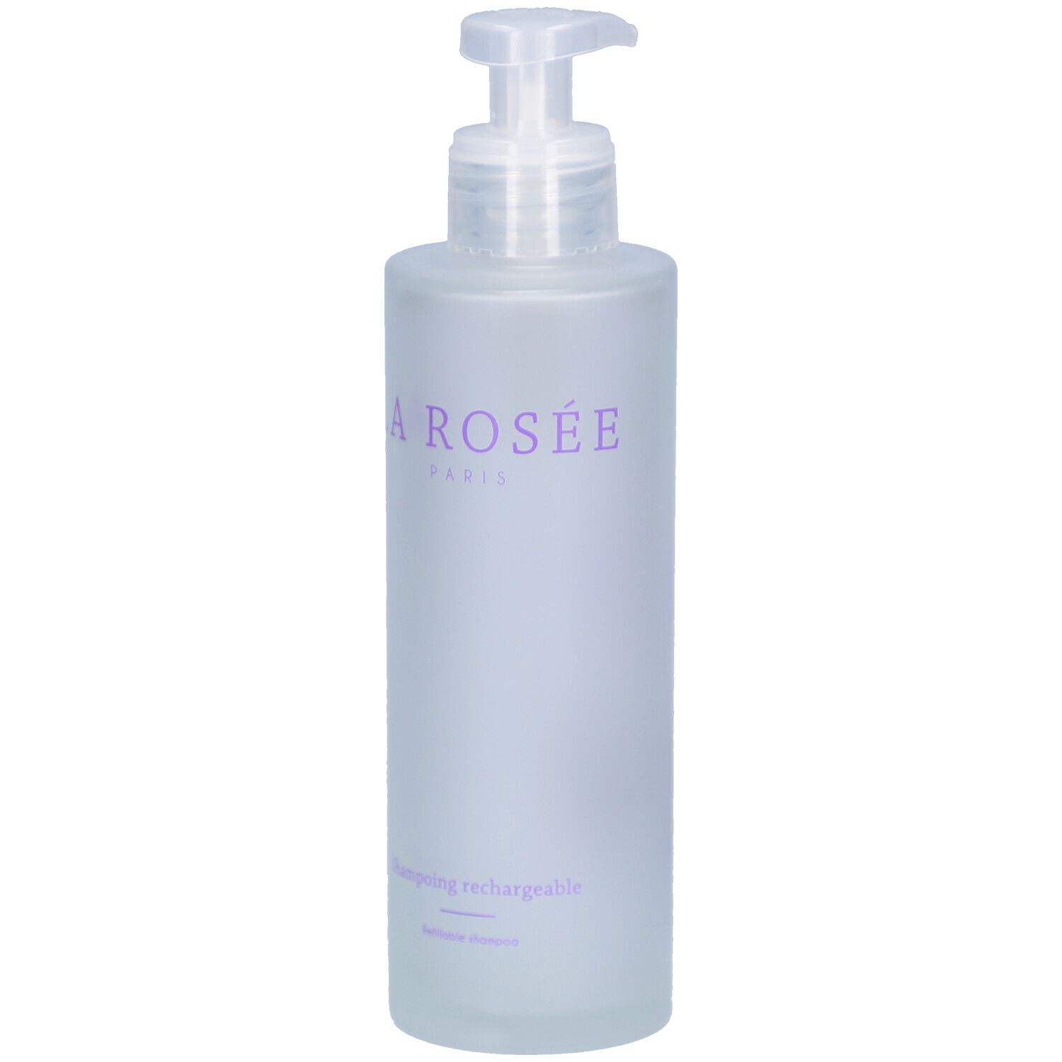 Flacon de shampoing avec pompe. Inscription: LA ROSÉE PARIS. Texte: Shampoing rechargeable.