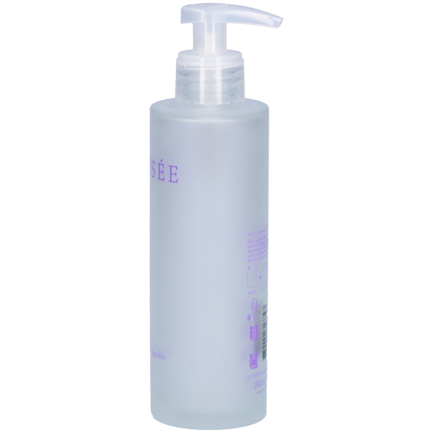 Flacon de shampoing avec pompe. Inscription: LA ROSÉE. Texte au dos.