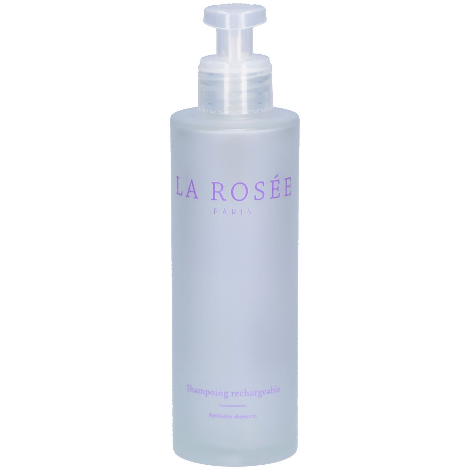 Flacon de shampoing avec pompe. Inscription: LA ROSÉE PARIS. Texte: Shampoing rechargeable.