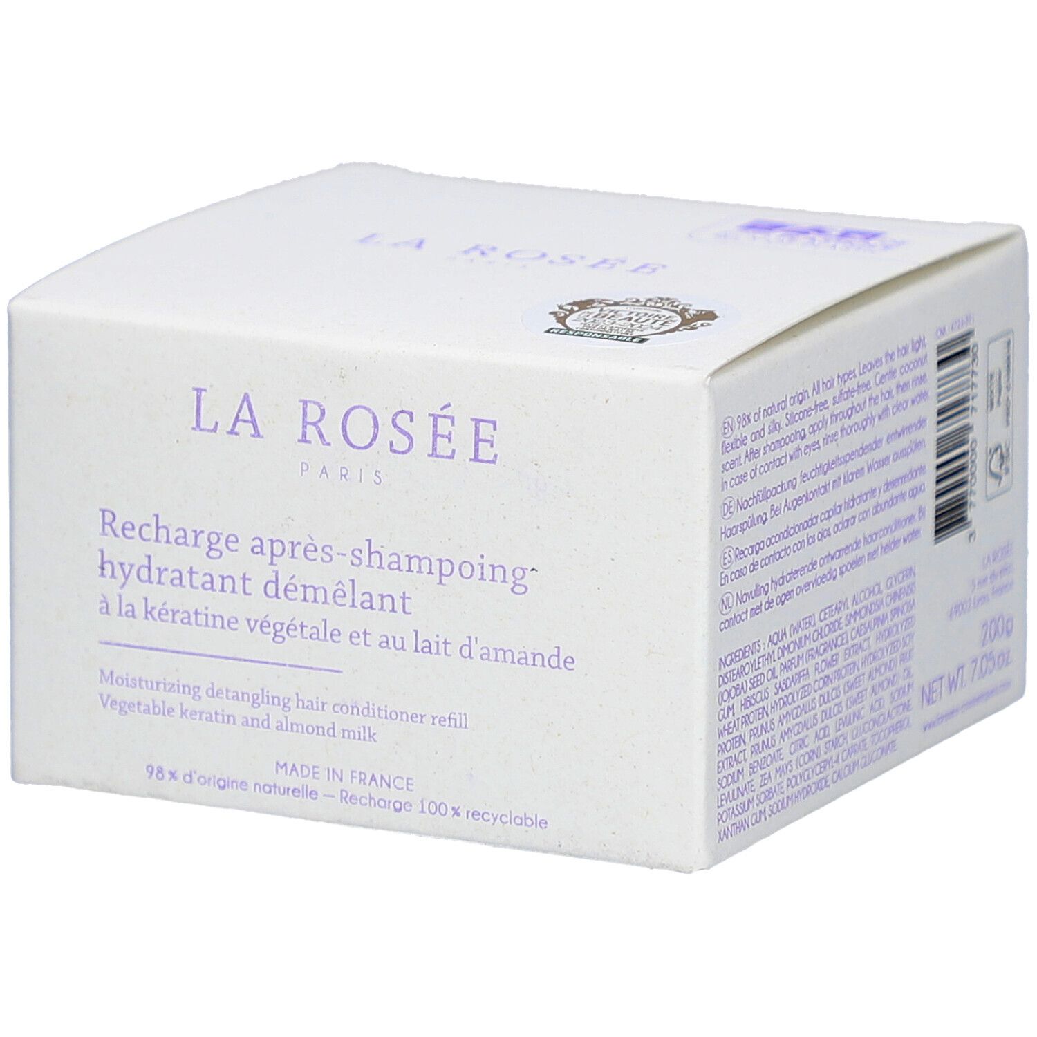 Boîte blanche La Rosée. Recharge après-shampoing hydratant démêlant. Inscription en violet. Label de qualité.