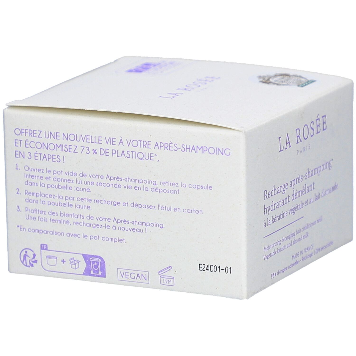 Dos de la boîte blanche. Texte: Offrez une nouvelle vie à votre après-shampoing. Logo vegan.
