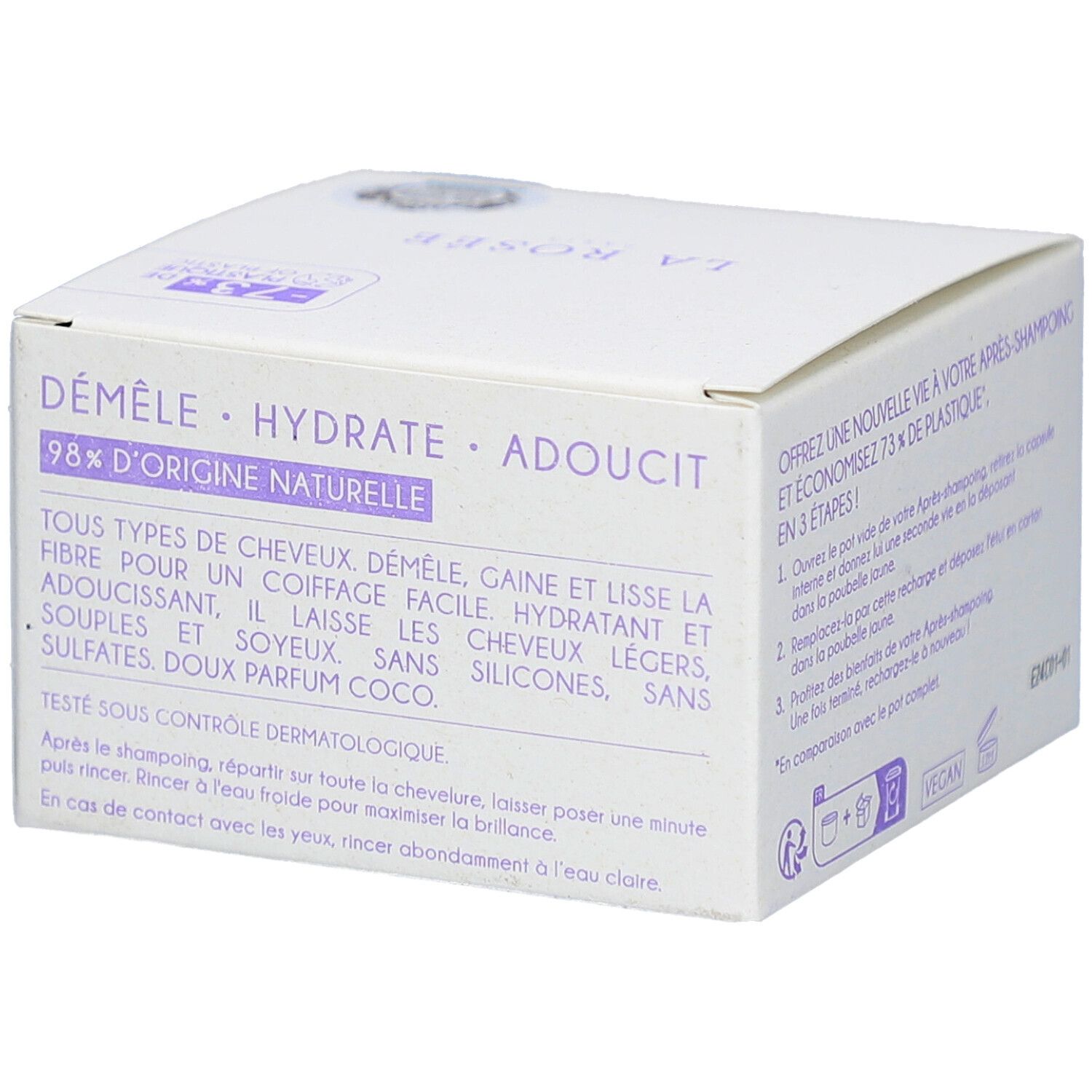 Boîte blanche. Texte: Démêle, hydrate, adoucit. 98% d'origine naturelle. Testé dermatologiquement.