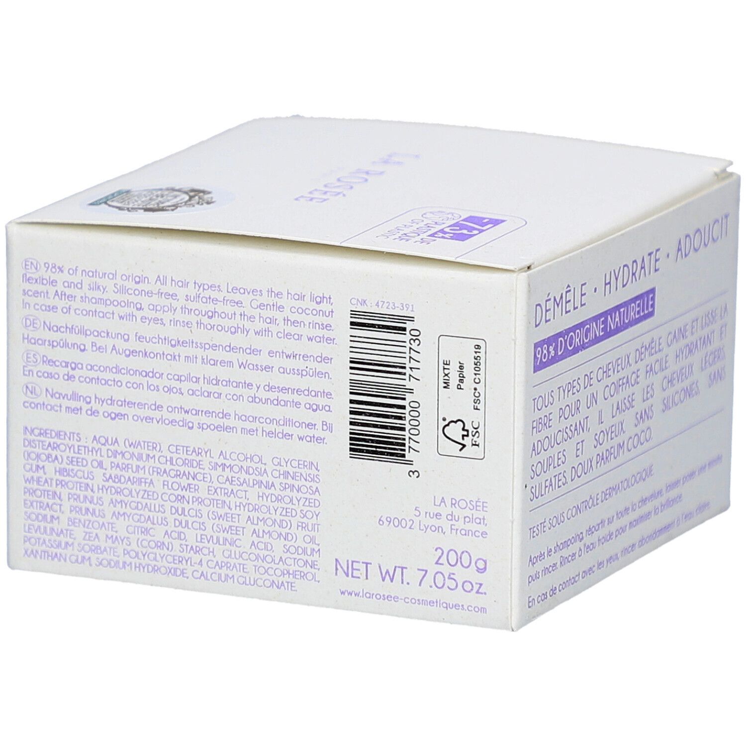 Boîte blanche. Texte: 98% d'origine naturelle. Ingrédients. Logo FSC. 200g.