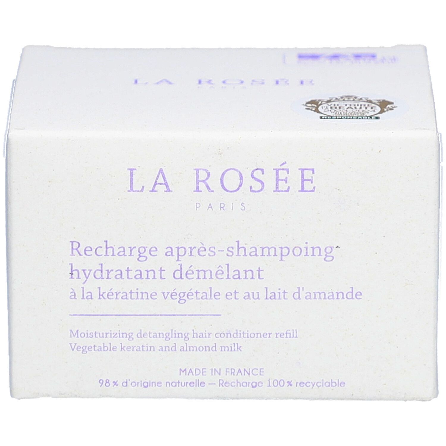 Boîte blanche La Rosée. Recharge après-shampoing hydratant démêlant. Inscription en violet.