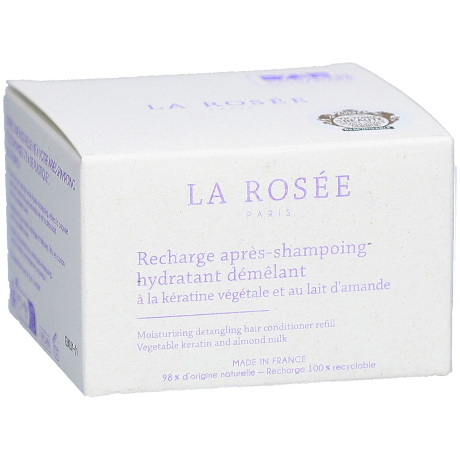 Boîte blanche La Rosée. Recharge après-shampoing hydratant démêlant. Label de qualité.