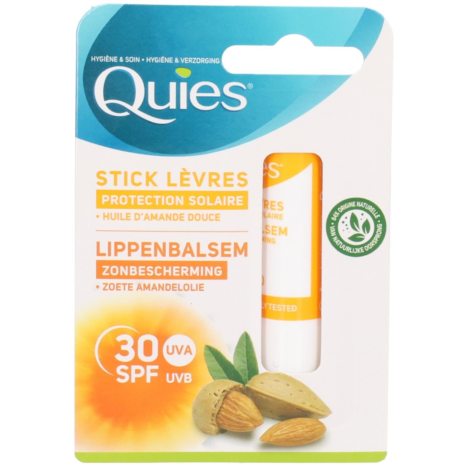 QUIES Stick Lèvres SPF 30, protection solaire, huile d'amande douce. Contient 2 amandes et feuilles.