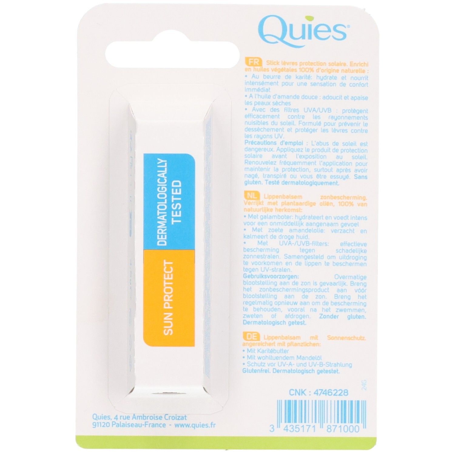 Arrière de l'emballage du stick à lèvres QUIES. Testé dermatologiquement. Contient des informations produit.