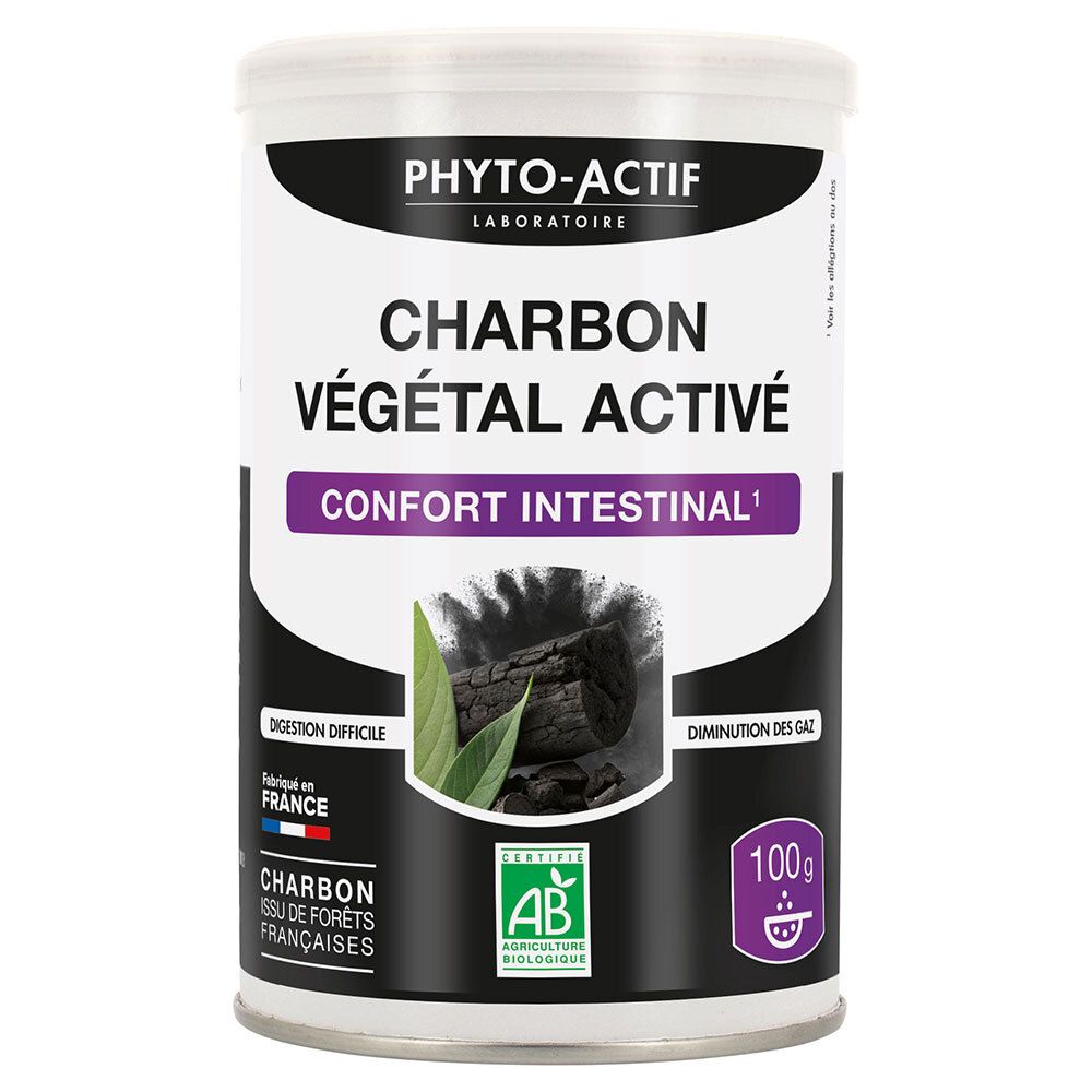 Boîte de PHYTO-ACTIF Charbon Végétal Activé. Texte noir sur fond blanc. Label AB. 100g.
