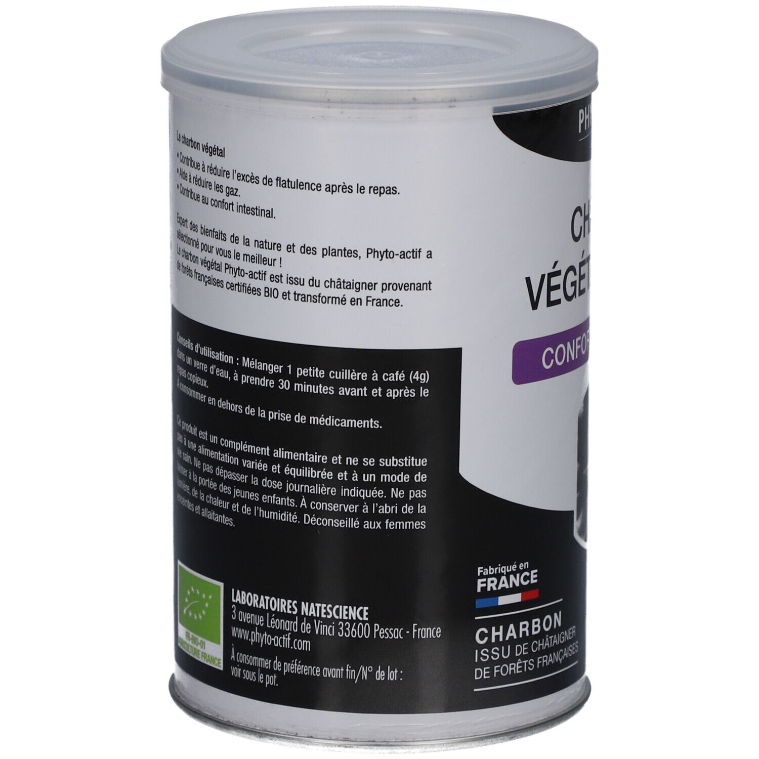 Boîte cylindrique avec couvercle. Inscription: Charbon Végétal Activé. Texte et logo. Certification bio. Fabriqué en France.