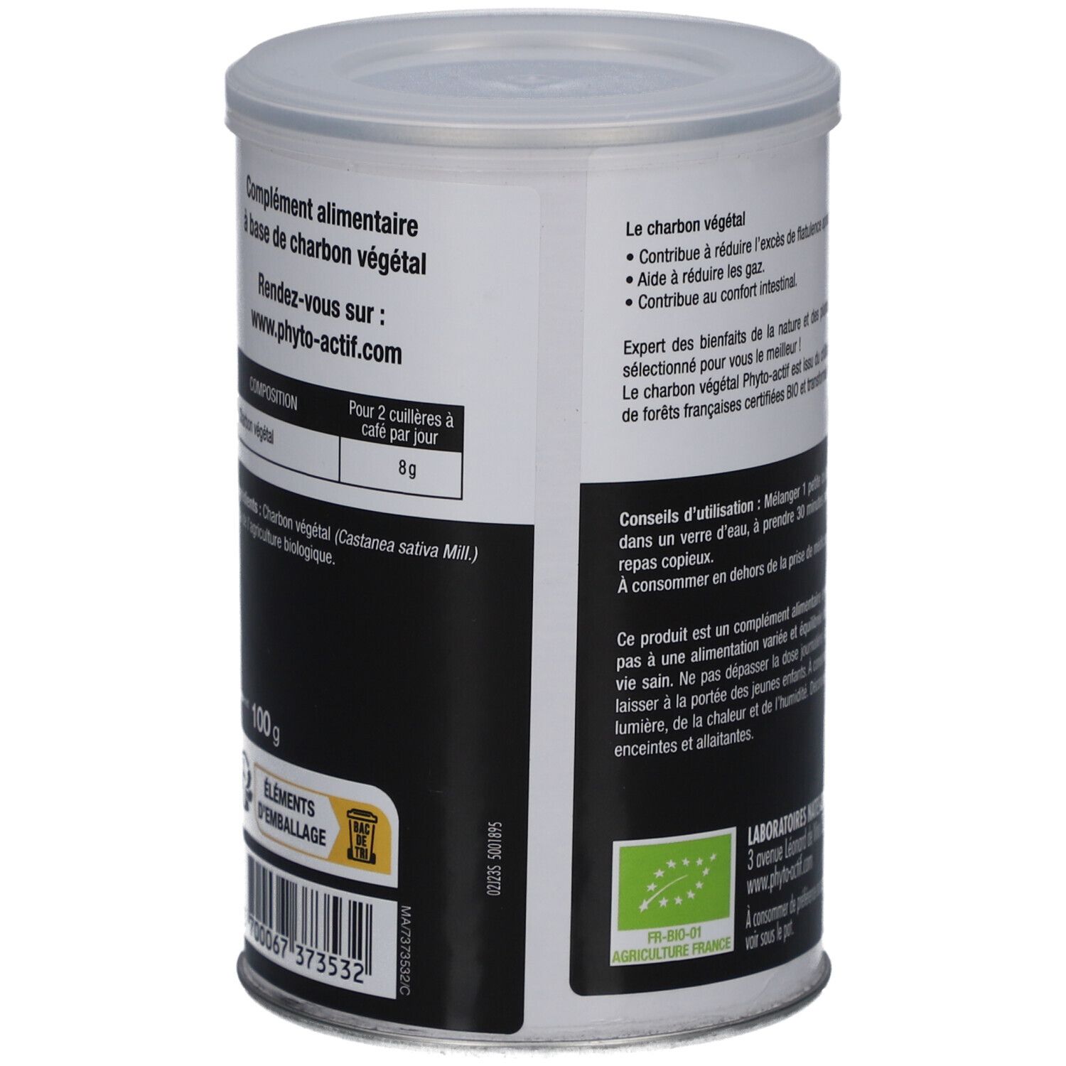 Boîte cylindrique avec couvercle. Dos avec texte et logo. Certification bio. Ingrédients. Fabriqué en France.