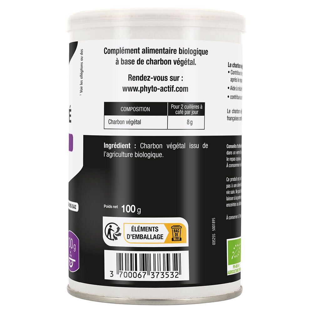 Dos de la boîte avec informations. Liste des ingrédients, informations nutritionnelles, adresse du fabricant, label bio, 100g.