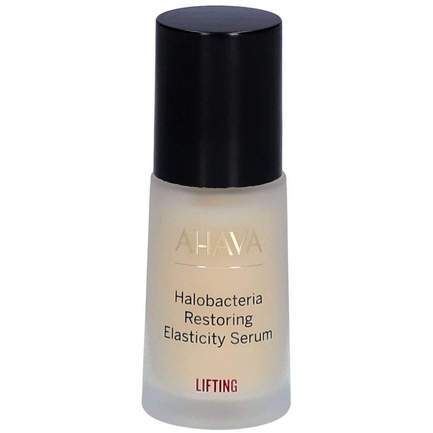 Sérum AHAVA. Flacon avec bouchon noir. Inscription: Halobacteria Restoring Elasticity Serum. "Lifting" sur fond rouge.