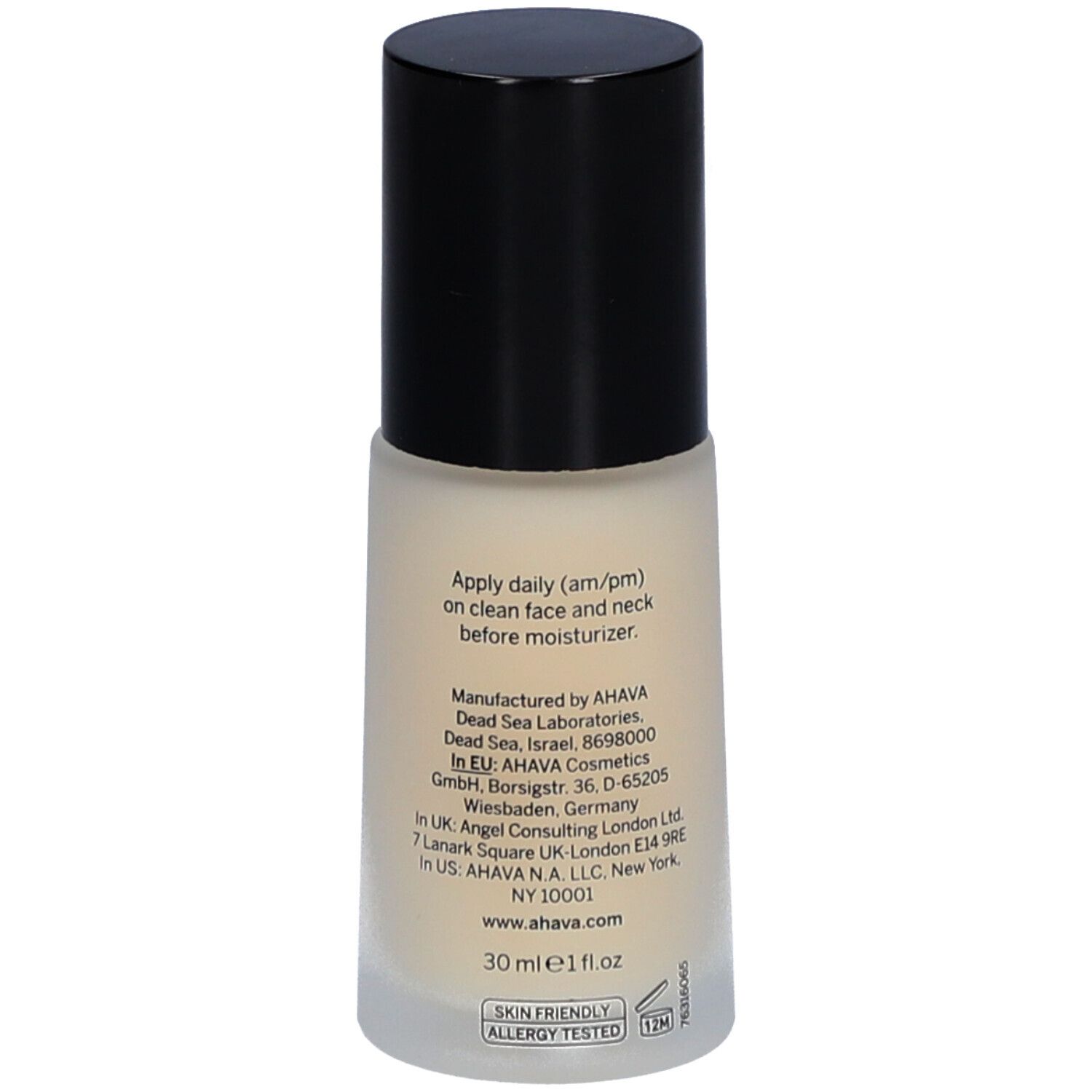 Dos du flacon de sérum AHAVA. Texte: instructions d'utilisation, informations fabricant, adresse. 30 ml.