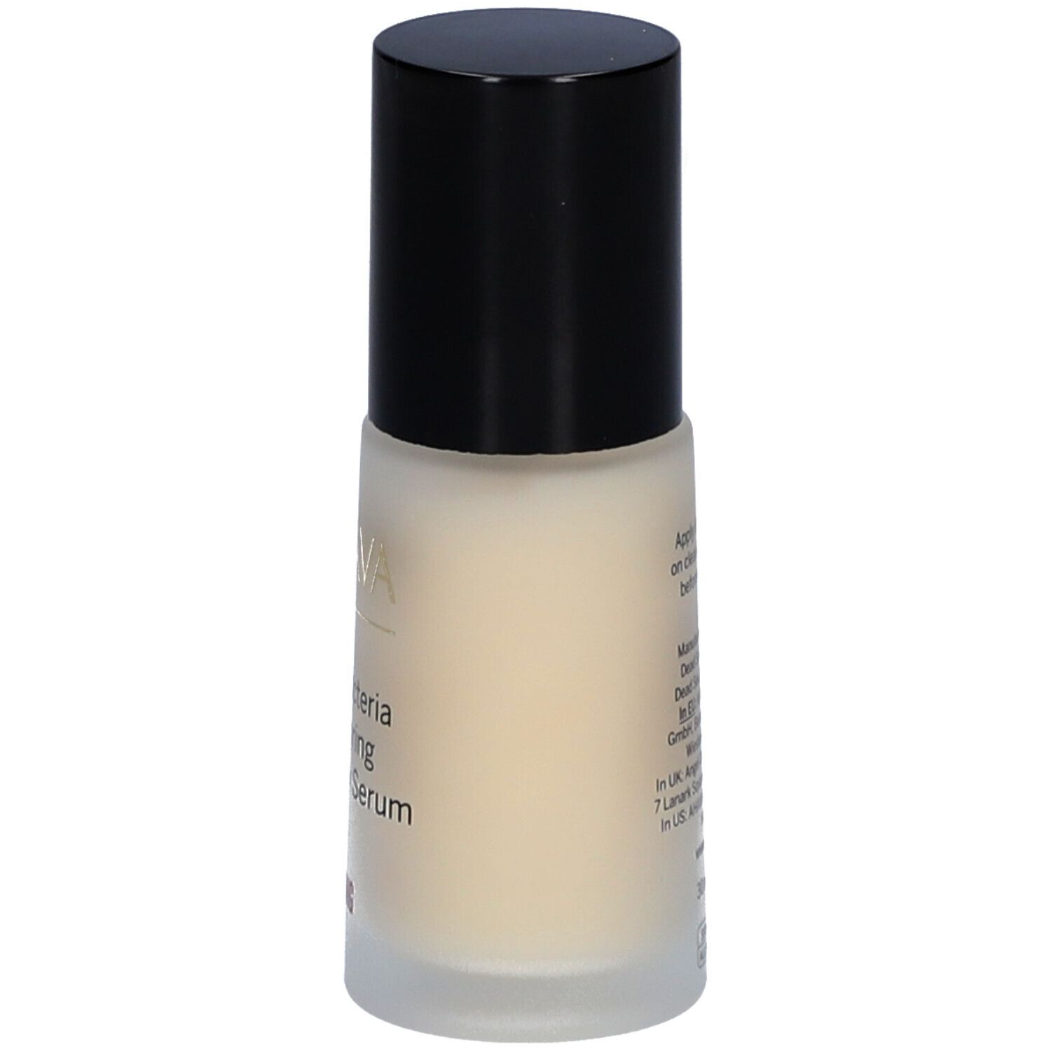 Flacon de sérum AHAVA avec bouchon noir. Inscription: Halobacteria Restoring Elasticity Serum. Flacon.