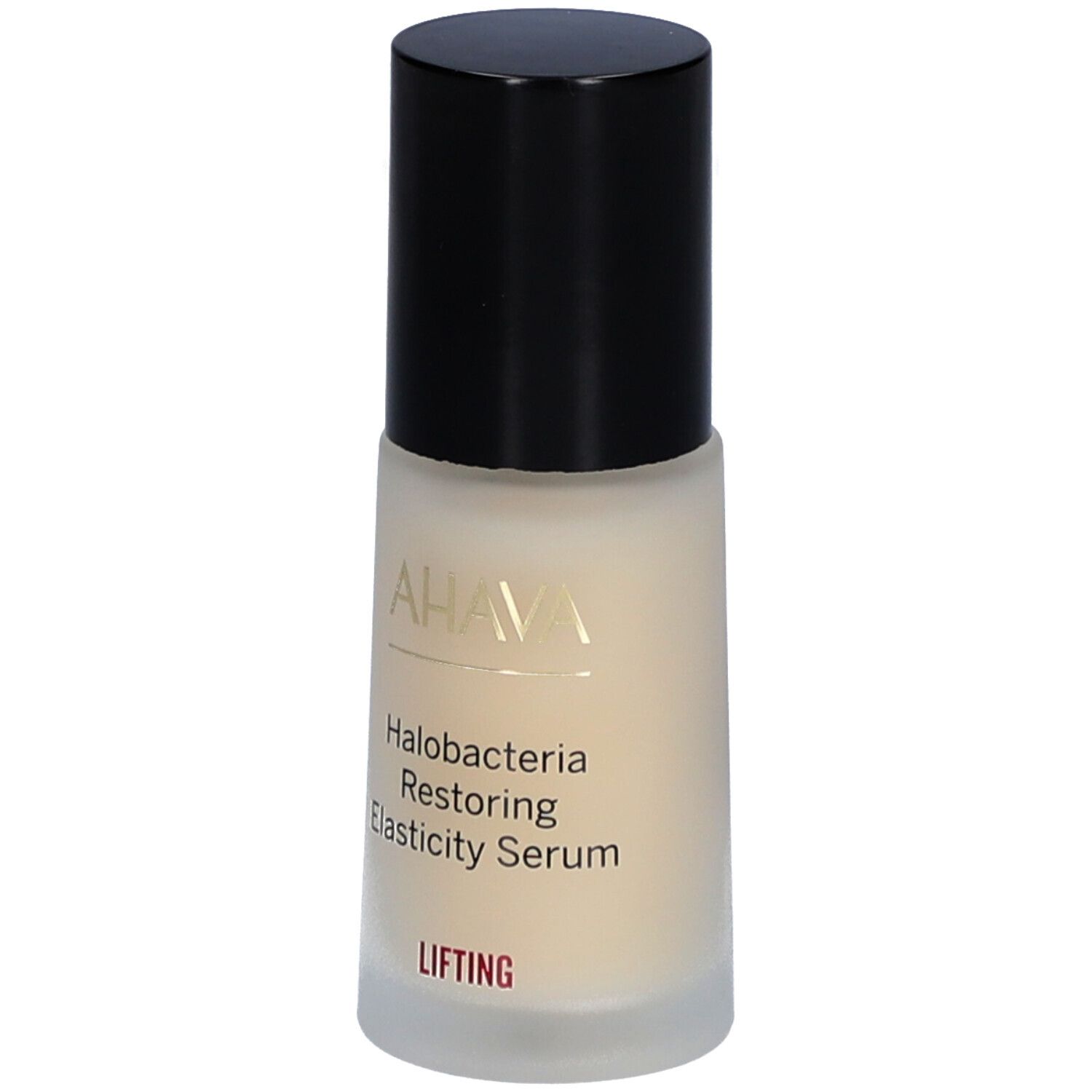 Sérum AHAVA. Flacon avec bouchon noir. Inscription: Halobacteria Restoring Elasticity Serum. "Lifting" sur fond rouge.