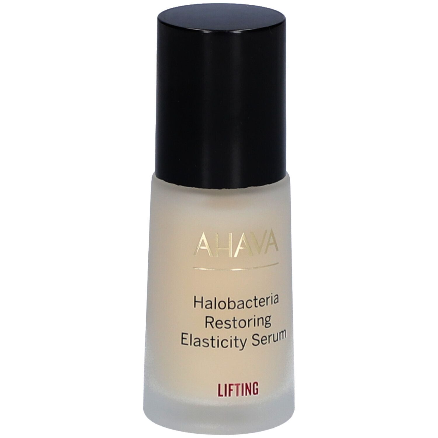 Sérum AHAVA. Flacon avec bouchon noir. Inscription: Halobacteria Restoring Elasticity Serum. "Lifting" sur fond rouge.